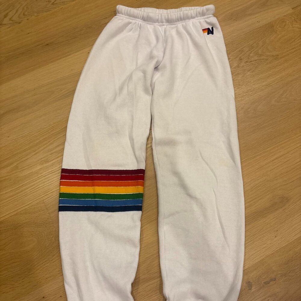 Aviator Nation White Joggers with Rainbow Stripe
